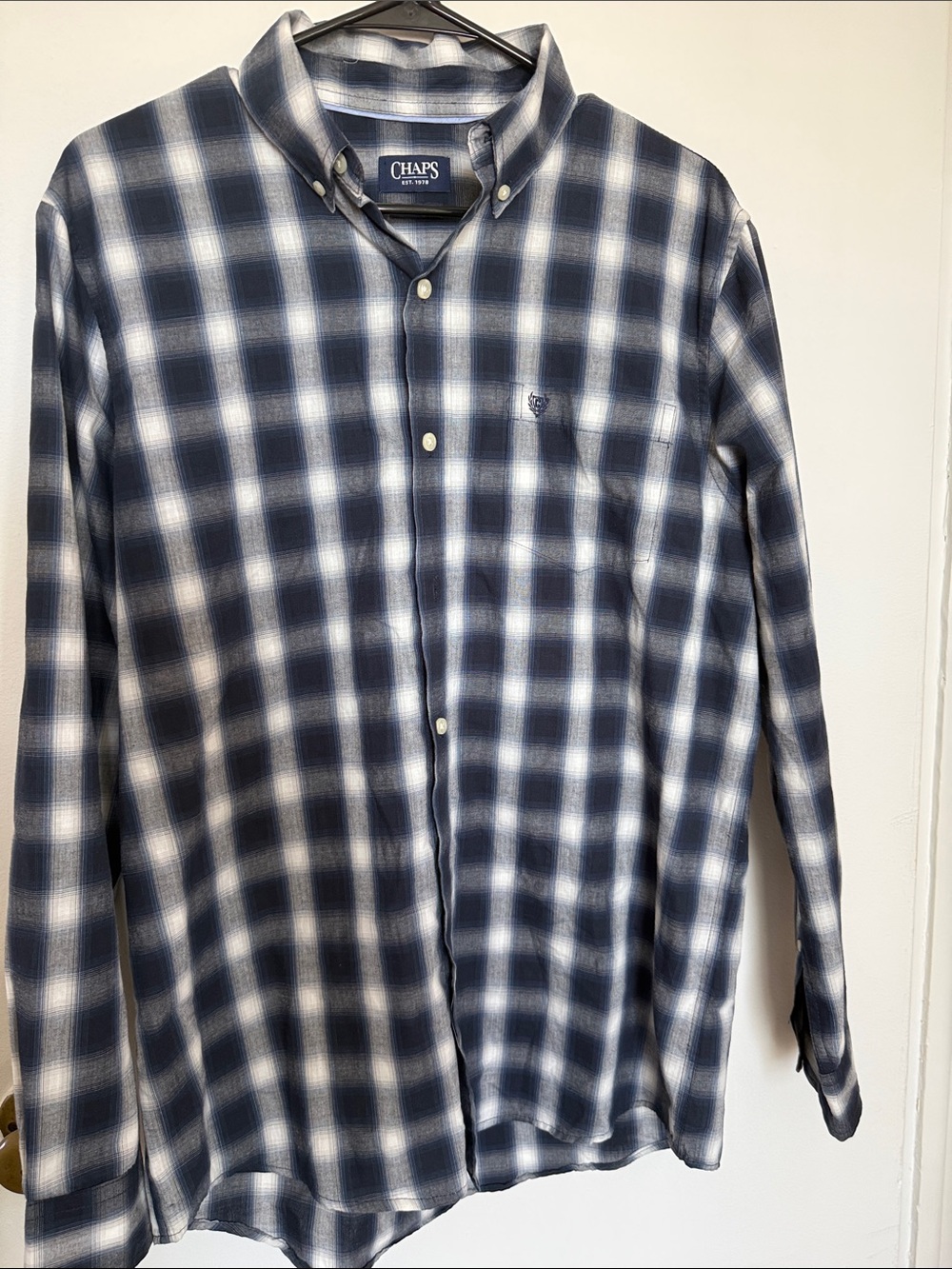 Chaps Blue and White Plaid Button-Down Shirt